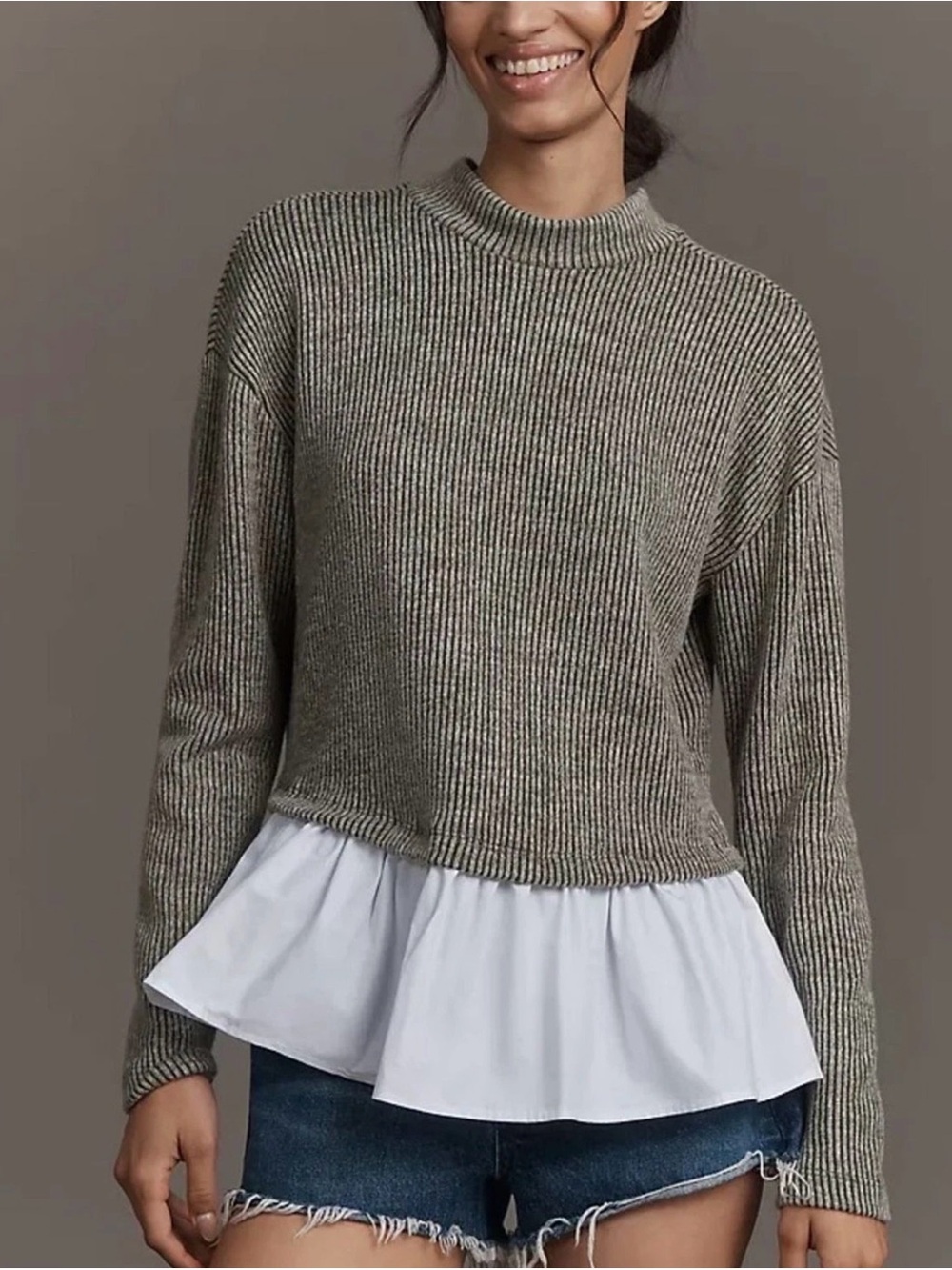 Maeve Anthropologie Long-Sleeve Bow-Back Twofer Peplum Top Olive - Large - Picture 2 of 15